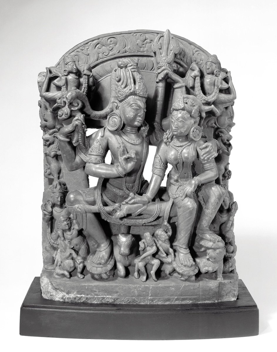 Shiva-Parvathi scultpure belonging to modern day Uttar Pradesh, with Shiva represented as Dakshinamurthy. Sthapathis who sculpted this are believed to have been inspired by Adi Shankara's teachings. Also seen are Chamunda, Ganesha & Subramanya. Now held at V&A museum in london.