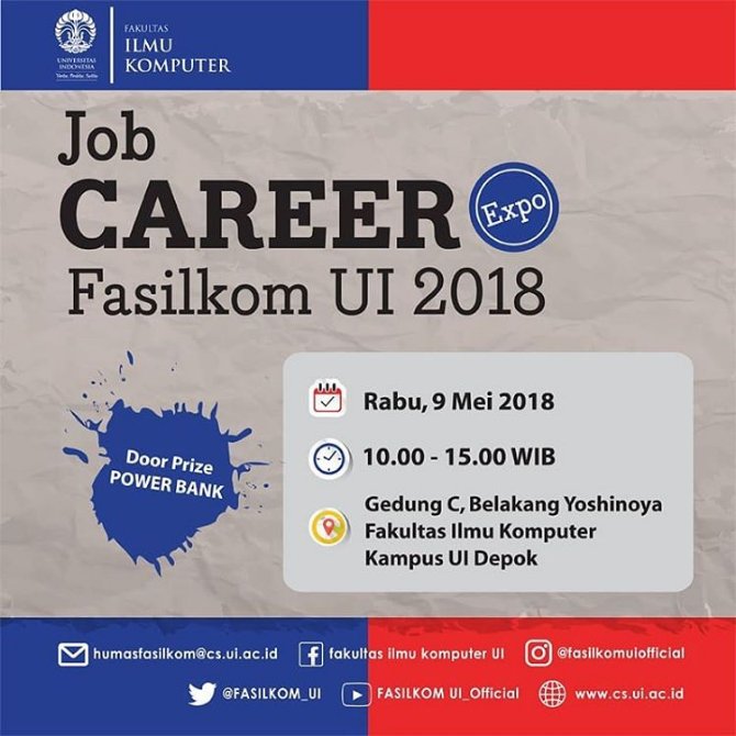 univ_indonesia's tweet image. #agendaUI Job Career Fasilkom UI 2018 

📆Rabu, 9 Mei 2018
⏰10.00 - 15.00
🏢Gedung C, Lantai 1, Fasilkom UI, Depok 

*terbuka untuk UMUM

Info lebih lanjut @fasilkom_ui  #FasilkomUI #careerexpo