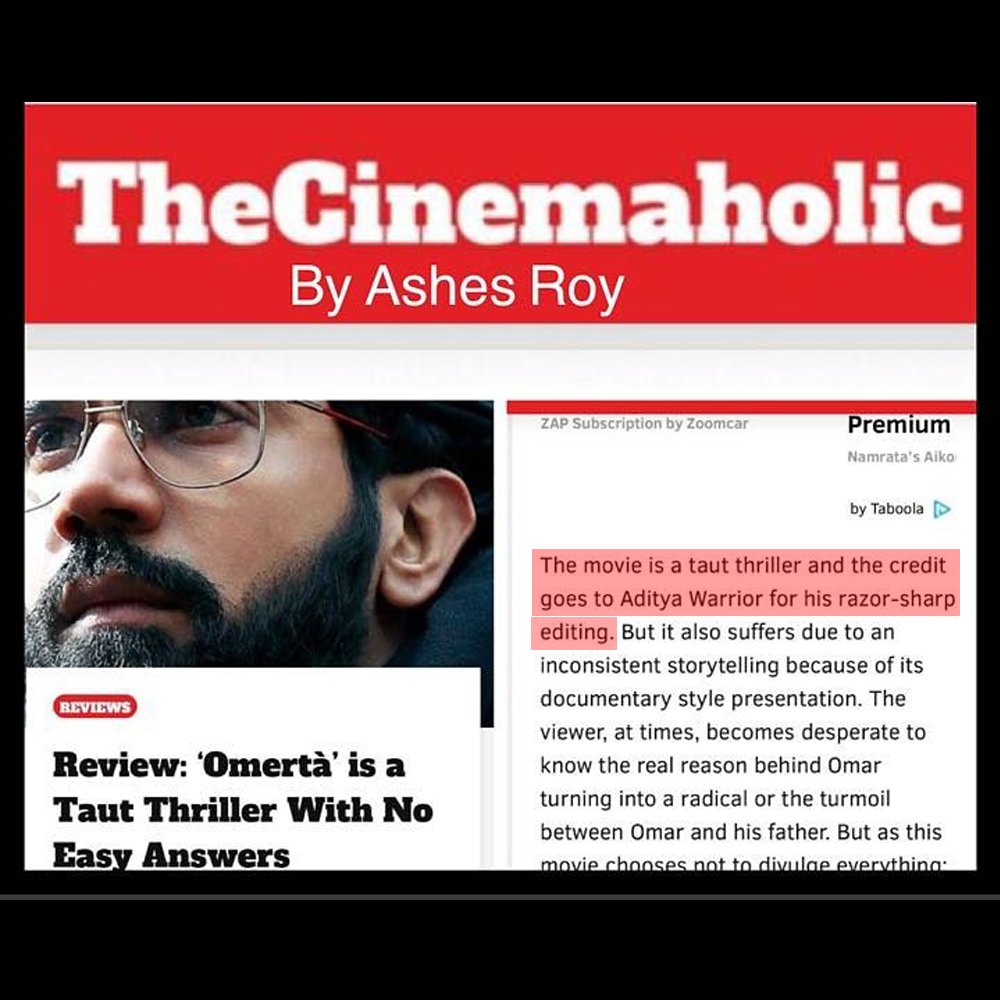 WT_India's tweet photo. We are so overwhelmed at the kickass response #Omertà is receiving. Read this amazing review by @ashes_roy for @theCinemaholic praising the edit of the film!!
@adiwarrior take a bow. This is just the beginning. ❤️
Read the full review here: https://t.co/mry6XUYd18 https://t.co/PGlMTPpEoy