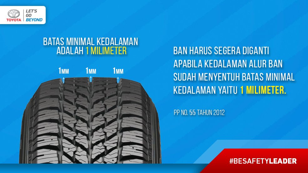 ToyotaID's tweet photo. Pada saat kedalaman alur ban sudah menyentuh 1 mm, maka penggantian ban harus segera dilakukan agar ban tetap bisa mencengkeram aspal secara maksimal. Ketentuan ini diatur oleh PP 55 Thn 2012 pasal 73. RT utk berbagi info ke teman2mu, Friends! #Toyota #BeSafetyLeader https://t.co/wXf0KvCs0d