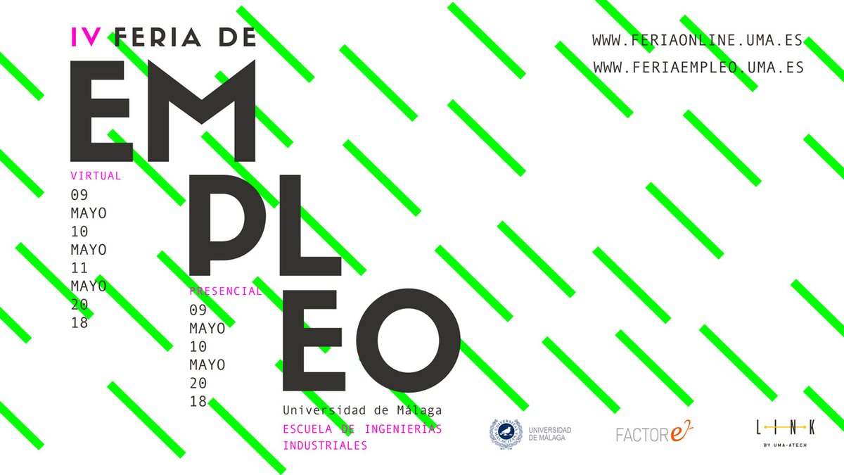 ¡Ya disponible el listado de empresas que participarán en la Feria de Empleo! Consúltalo aquí: entidades.feriaempleo.uma.es 
Feria presencial: 9 y 10 de mayo, en <a href="/IndustrialesUMA/">Escuela de Ingenierías Industriales UMA</a>. 
Feria virtual: del 9 al 11 de mayo.
#Empleo #Málaga