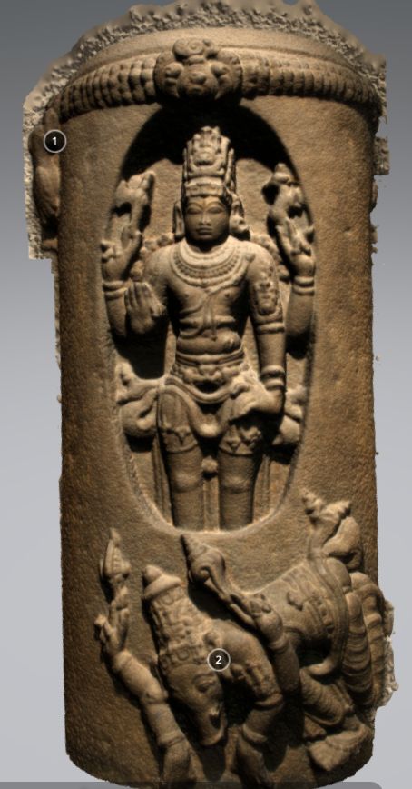 A Chola era granite sculpture of Lingodbhava Murthy, being held at Guimet Museum in Paris. Lingodbhava is usually carved within the precinct of the temple walls. So whoever stole this literally smashed the temple wall to take it out.