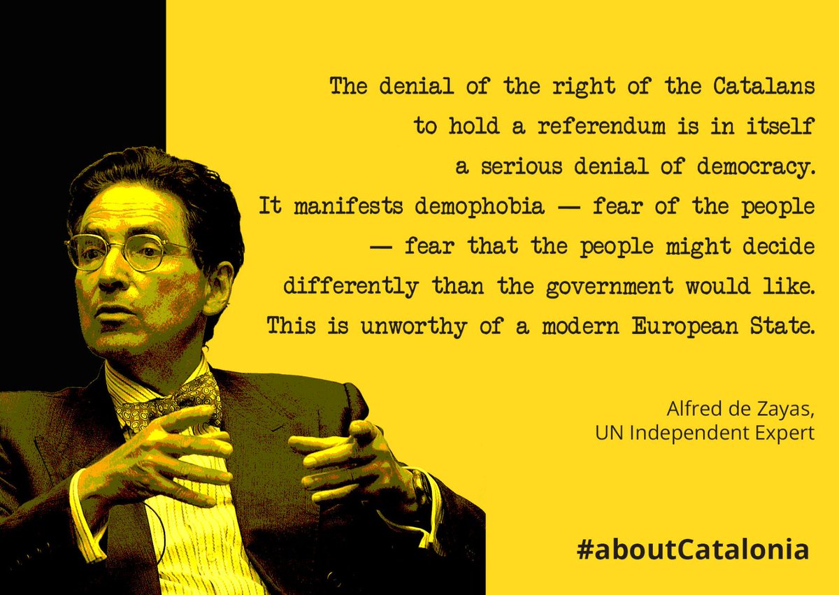 Holaiquetal's tweet photo. "The denial of the right of the #Catalans to hold a #referendum is in itself a serious denial of #democracy. It manifests #demophobia (...). This is unworthy of a modern European State." @Alfreddezayas #AboutCatalonia #EU #Spain
https://t.co/j1rAwtoXml https://t.co/2t7Znsl25Z