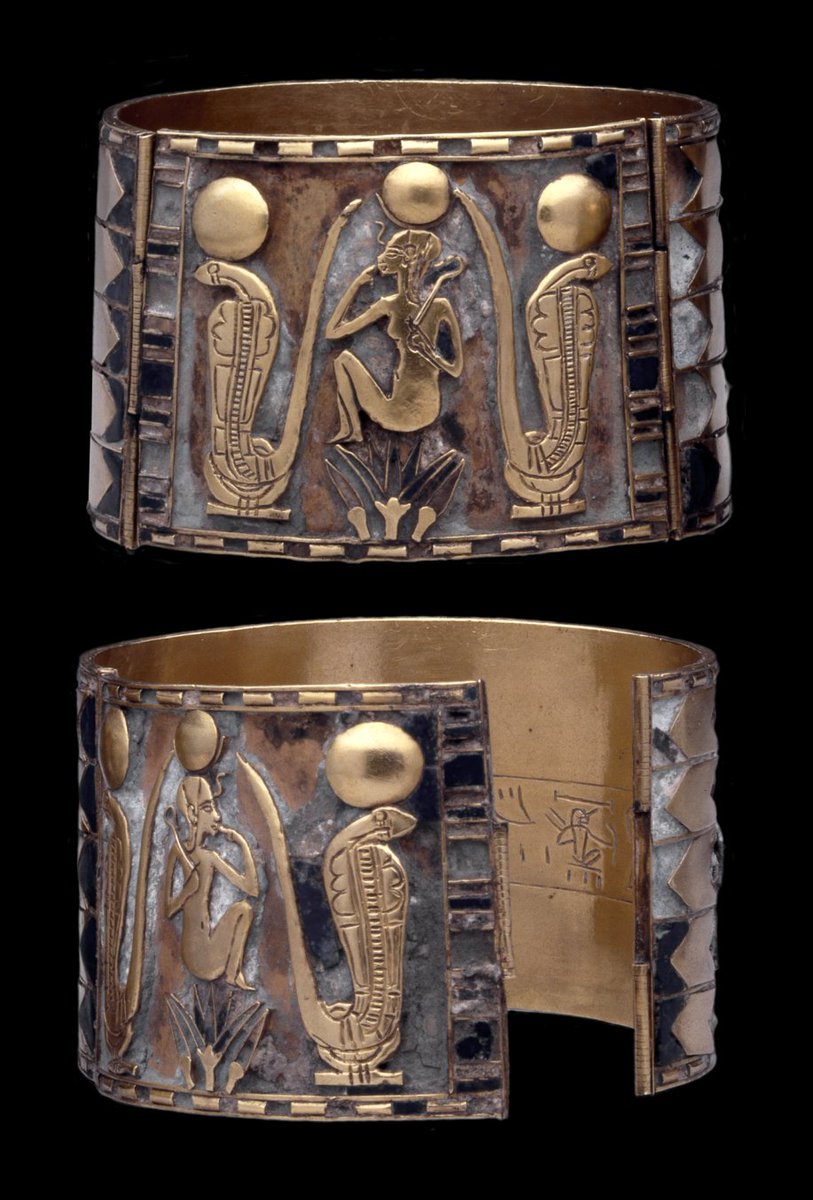 These gold bracelets were made in ancient Egypt around 940 BC for Prince Nemareth. They’re decorated with a figure of the god Horus as a child – Horus was a falcon god, and ‘lord of the sky’
