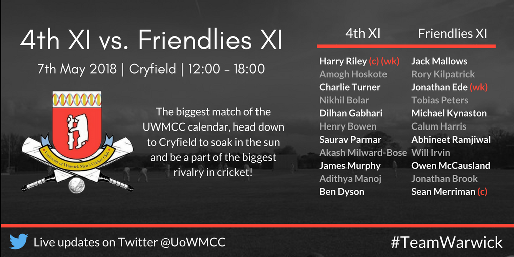 UoWMCC's tweet photo. It's @warwicksport's biggest grudge match today. #YouFours are taking on @seanmerriman3 and the Friendlies XI in the annual traditional fixture. KO is 12noon at Cryfield, with big crowds expected! Come down and watch! Live scoring link to follow. #4sFriendlies #TeamWarwick https://t.co/EqxhObSEen