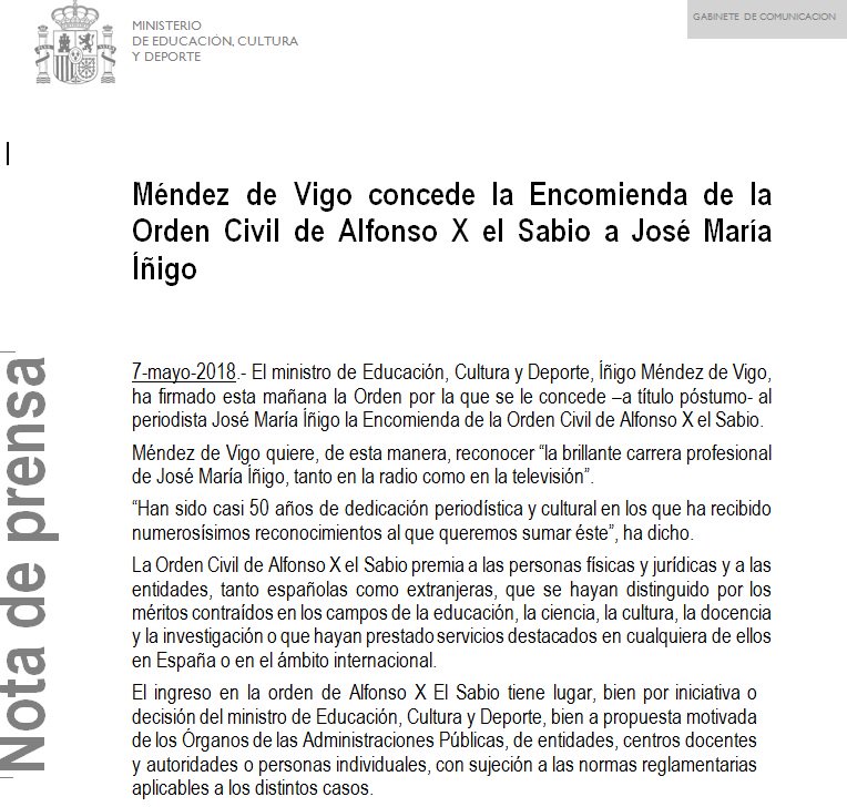 marcialmarinh's tweet photo. El periodista y maestro de periodistas #JoseMariaInigo, reconocido con la Encomienda de la Orden Civil de Alfonso X el Sabio a propuesta del ministro de @educaciongob, @IMendezdeVigo 📻📺🎖️ https://t.co/ywR8W1J8cN