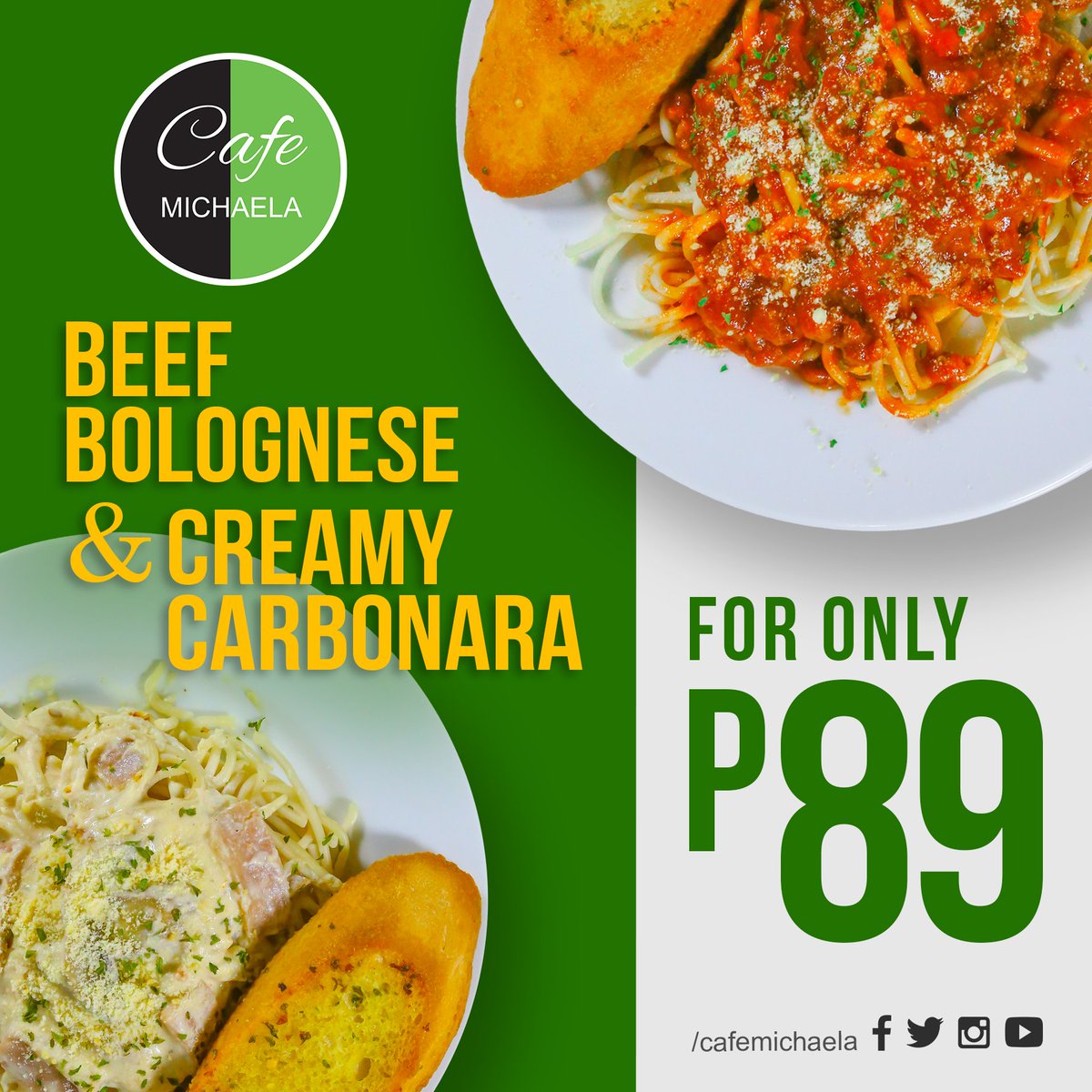 cafemichaela's tweet photo. Have you tried our pasta meals? Try this now and satisfy your tummies with our Beef Bolognese &amp; Creamy Carbonara with garlic bread for P89.00 each! 🤤🍝💓

#CafeMICHAELA
#breads #cakes #cookies
#coffee #frappe #pasta https://t.co/bZDRR0DSqa