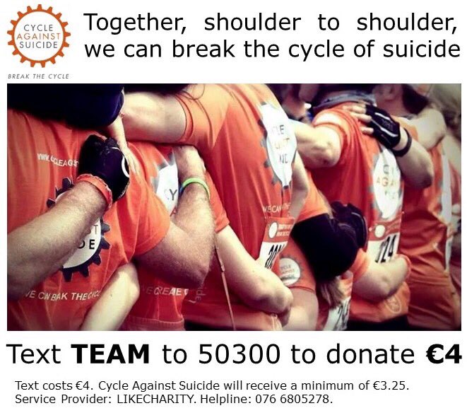 CASuicide's tweet image. It's the final day of the cycle 💛 can't make it? You can still show your support 🚴🏻 “Text costs €4. Cycle Against Suicide will receive a minimum of €3.25. Service provider: LIKECHARITY. Helpline: 076 6805278.” #BreakTheCycle