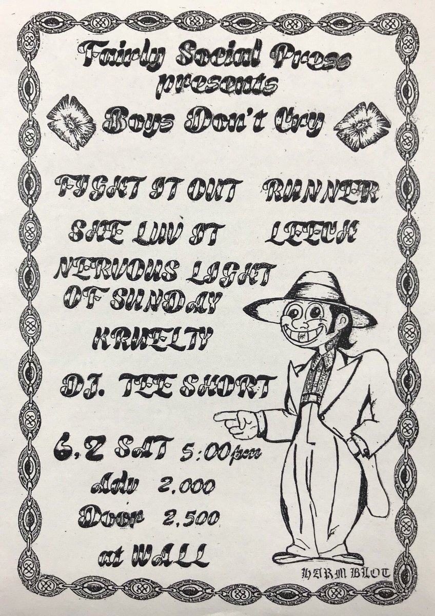 FIGHTITOUT045's tweet photo. FAIRLYSOCIALPRESS
BOYS DON'T CRY#6
6/2sat@WALL
前売り予約承ります。
#nervouslightofsunday
#sheluvit
#runner
#leech
#kruelty
#fightitout
#teeshort https://t.co/Pilly3jYHa