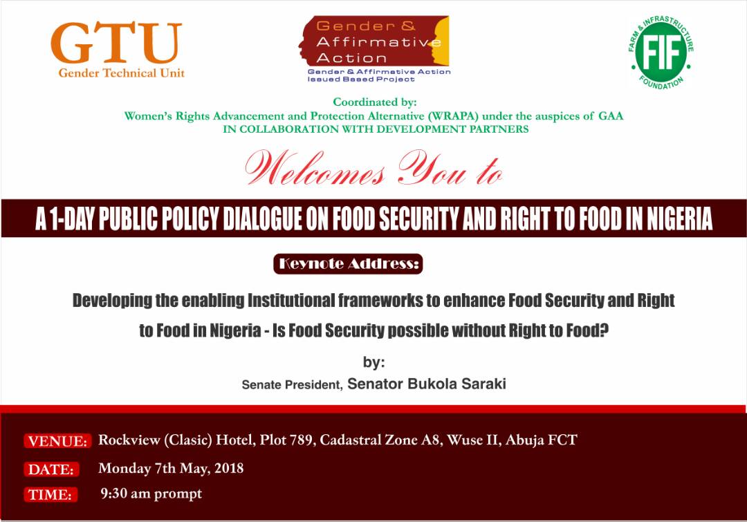 GTUnit's tweet photo. Keynote Address: Developing the enabling institutional frameworks to enhance Food Security and Right to Food in Nigeria - Is Food Security possible without Right to Food? by Senate President of the Federal Republic of Nigeria, Sen. Bukola Saraki @bukolasaraki #RightToFoodBill https://t.co/vegu9m0xFZ