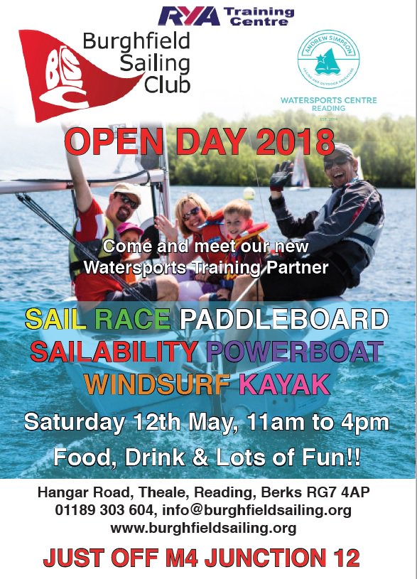 Join us for the Burghfield Sailing Club Open Day on Saturday, 12th May 2018, 11am - 4pm.
 
 Free entry and plenty to do for all the family! 

<a href="/burghfieldsc/">Burghfield SC</a> <a href="/BSC_Sailability/">BSC Sailability</a> <a href="/aswc_reading/">ASWC Reading</a> @burghfieldweb <a href="/BurghfieldCP/">Burghfield Community</a> <a href="/foxhoundstheale/">The Fox & Hounds</a>
