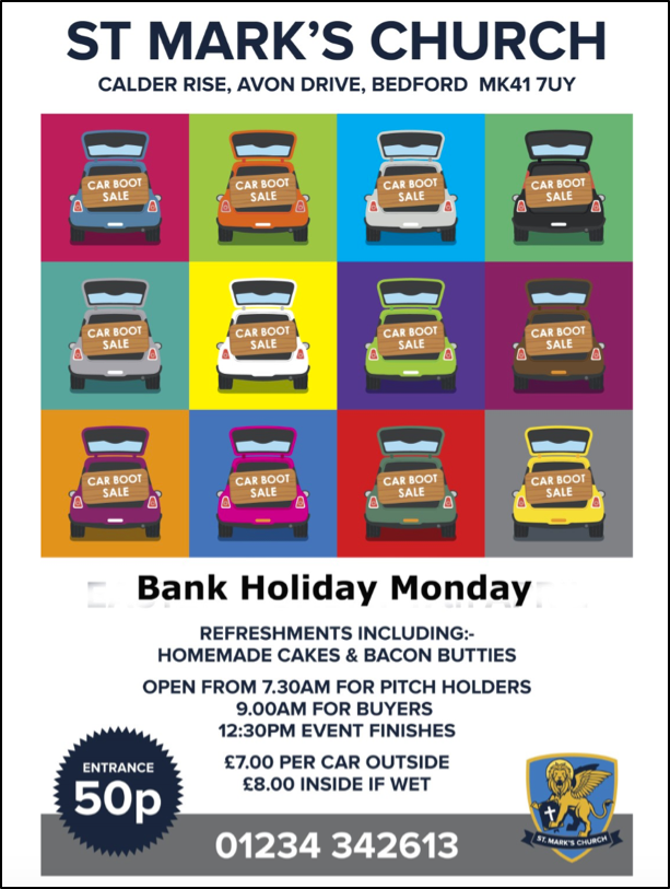 It's #BankHolidayMonday, so that means there's another St. Mark's Church Carboot this morning! We've got the bacon frying for those bacon sandwiches and we're here until midday! #MondayMotivation