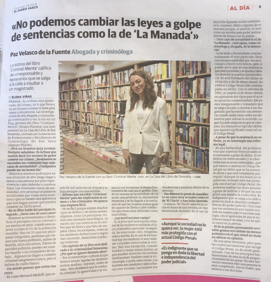 dilema1964's tweet photo. Entrevista a Paz Velasco De la Fuente tras la presentación de su libro “Criminal-Mente. La criminología como ciencia” en Donostia-San Sebastián https://t.co/q6U9paQliO