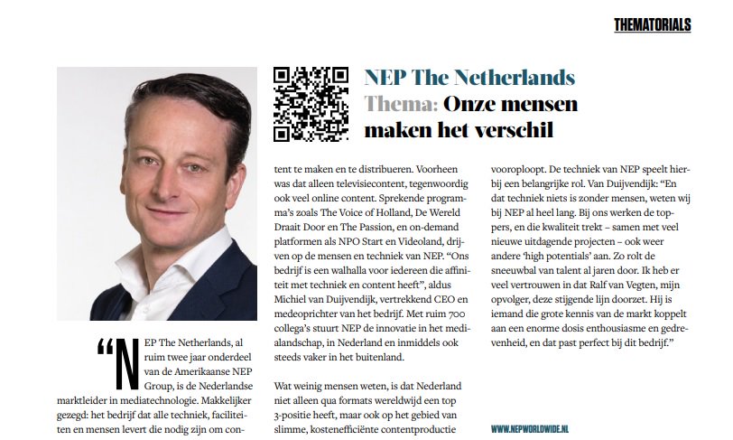 NEP_Netherlands's tweet photo. Wij staan op de 1e plaats in de #Emerce100, in de sector ‘Media-Broadcasters’! Hier het interview met Michiel van Duijvendijk: "onze mensen maken het verschil!" @Emerce #media #mensen #hilversum #mediapark https://t.co/zPunkYUm8G
