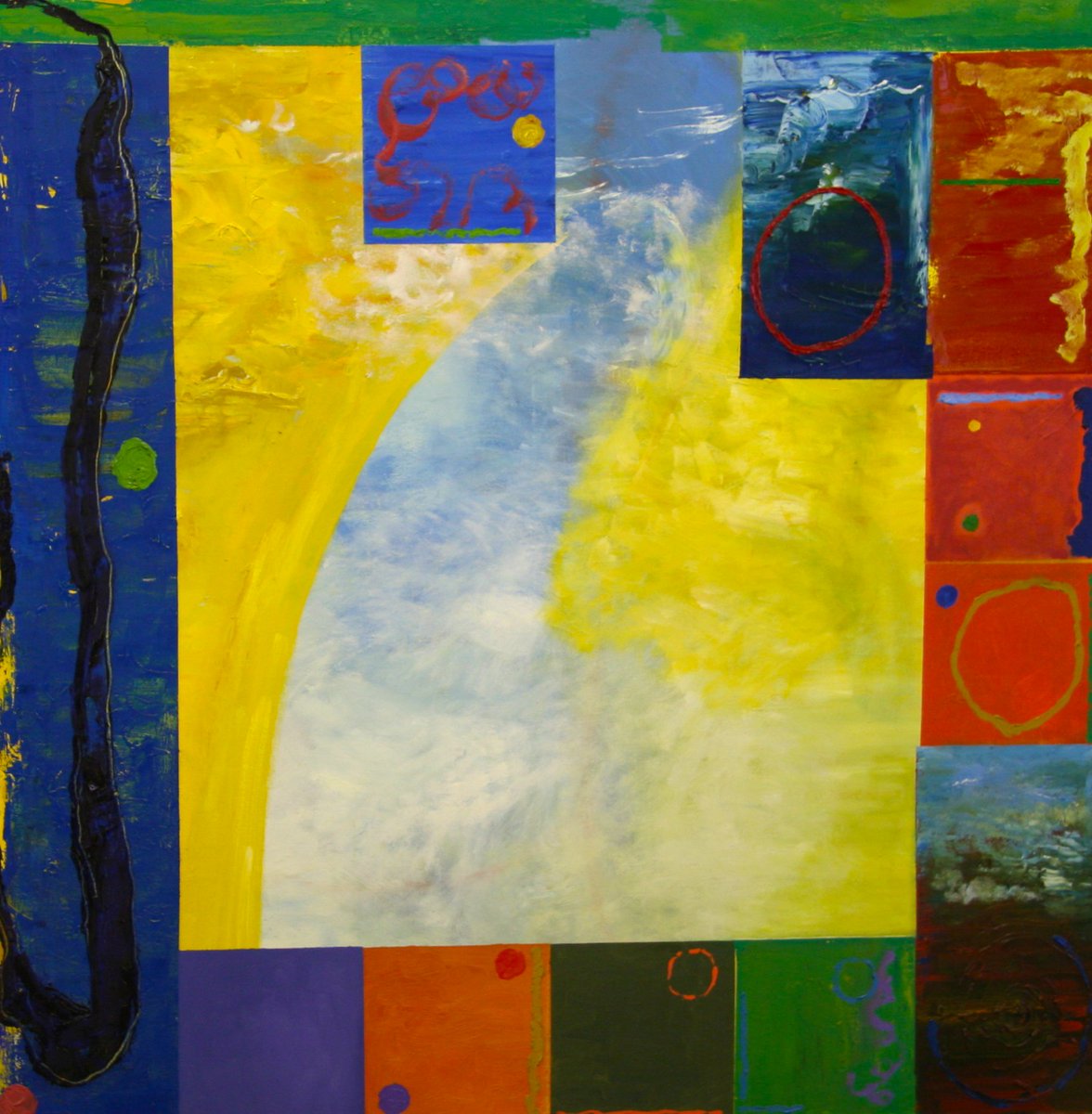 Into the Big Blue Yonder [180-002] #JeremyHendersonArt (🎨1993) Oil on Canvas 122 x 122 cm On a bright May day, the radiant sun pushes blues to the side allowing yellows to dominate