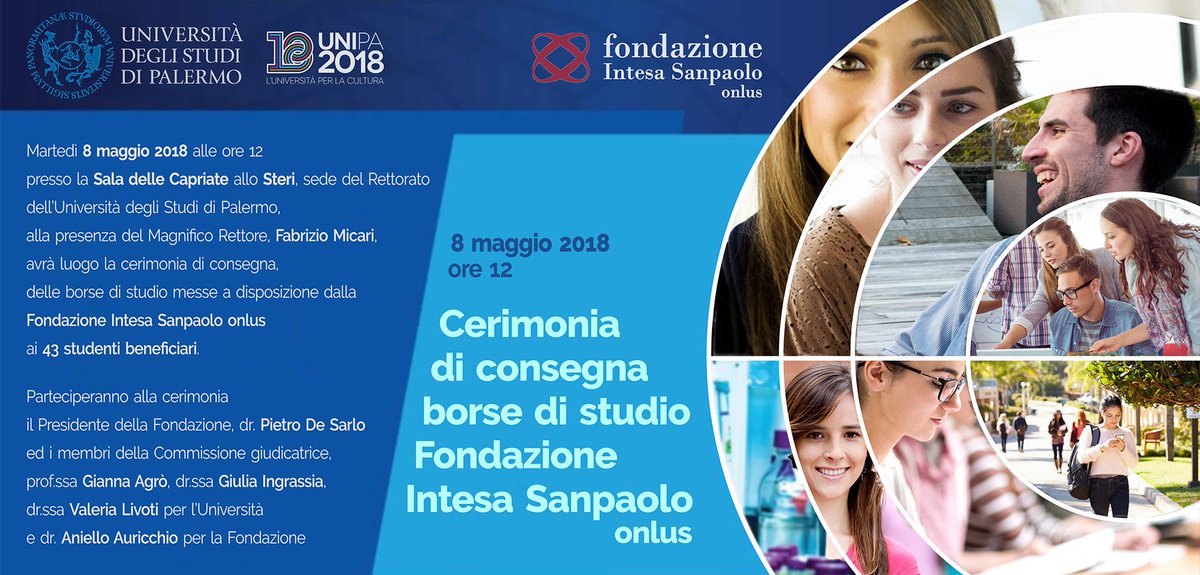 unipa_it's tweet photo. Cerimonia di consegna delle borse di studio messe a disposizione dalla Fondazione Intesa Sanpaolo onlus ai 43 #studenti #UniPa beneficiari 
🗓 martedì 8 maggio
 ⌚ 12.00
 📍 Rettorato, piazza Marina 61
 ℹ https://t.co/0jEQGx0xTV https://t.co/kloLtPxv4x