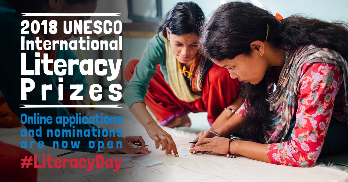 UNESCO's tweet photo. Calling all individuals, institutions and organizations around the world working to promote literacy! The call for applications and nominations for the @UNESCO International #Literacy Prizes is now open. 

Find out more: https://t.co/SeDKOlYAcN #LiteracyDay https://t.co/RCNDfaqHO4