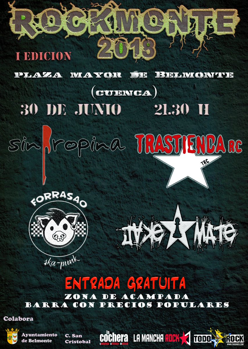 Rockmonte2019's tweet photo. I Edición del festival @Rockmonte2018
@sinpropinarock @TrastiendaRC @jakematerock y #forrasao!
30/06, Plaza Mayor de Belmonte(Cuenca)
#rock #punkrock #belmonte #Cuenca #CastillaLaMancha #festival #festivales #trastiendarc #jakematerock #sinpropina #forrasao https://t.co/gtRCikVuwY