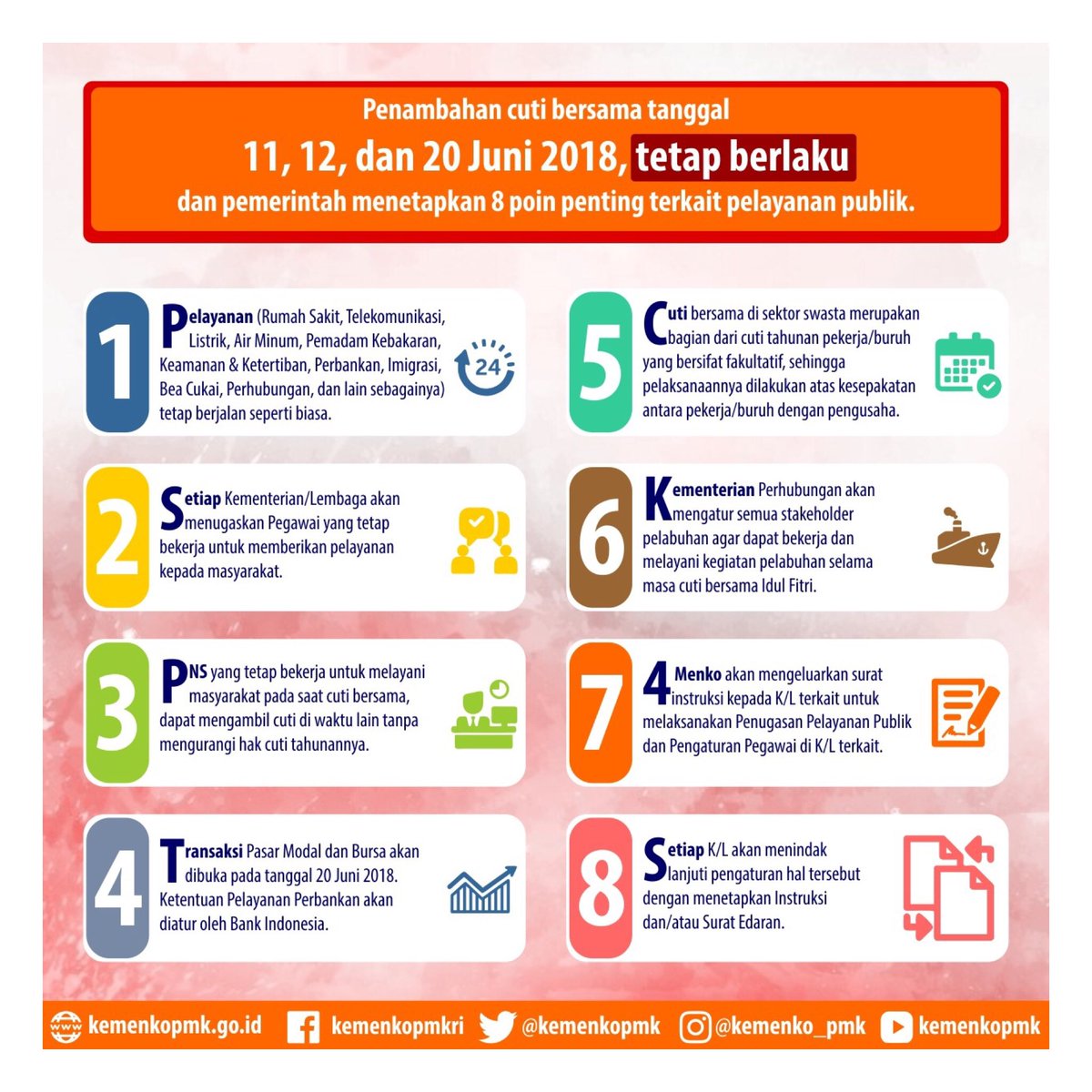 kempanrb's tweet photo. Halo, #RekanASN!

Pemerintah telah memutuskan bahwa SKB 3 Menteri ttg penambahan Cuti Bersama Lebaran di tgl 11, 12, 20 Juni 2018 tetap berlaku.
Selain itu, pemerintah jg menetapkan 8 kebijakan terkait penambahan cuti bersama, lho. Yuk dicermati agar kamu bisa liburan dgn tenang! https://t.co/0qZVIMsxfv
