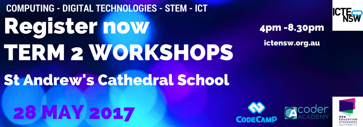 ICTENSW's tweet photo. Workshops from @hogesonline Code Camp, @coderacademy_au Register here: https://t.co/Bv7BbC2AAM #teaching #aussieED #ozschat #digitaltechnologies #teachersSTEM #TES #ICTPD #ICTENSW #codecamp @SACSLearn NESA accredited hours and close to Vivid. Time to learn something new? https://t.co/ZEZjmqiusj