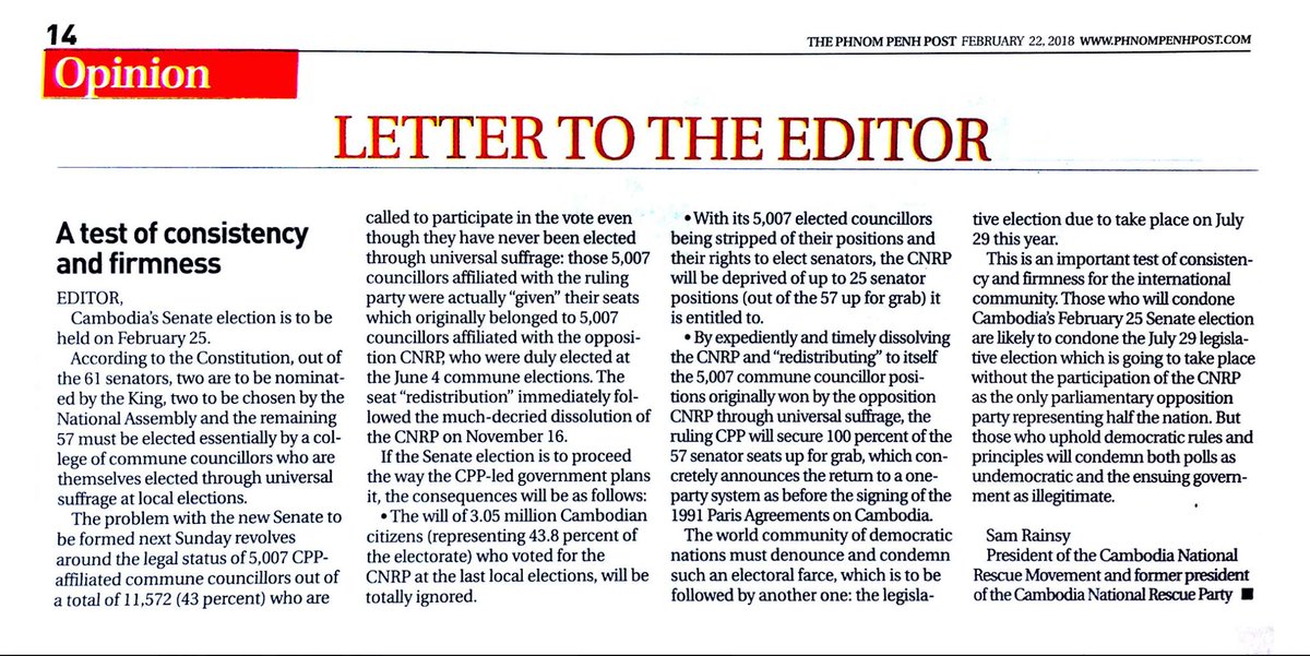 RainsySam's tweet photo. I have respect for, and gratitude to, @phnompenhpost for having maintained its independence until now. I would not be surprised if the new Phnom Penh Post adopts the same editorial line as the current Khmer Times. #SamRainsy #Cambodia https://t.co/KNKhISvNbG