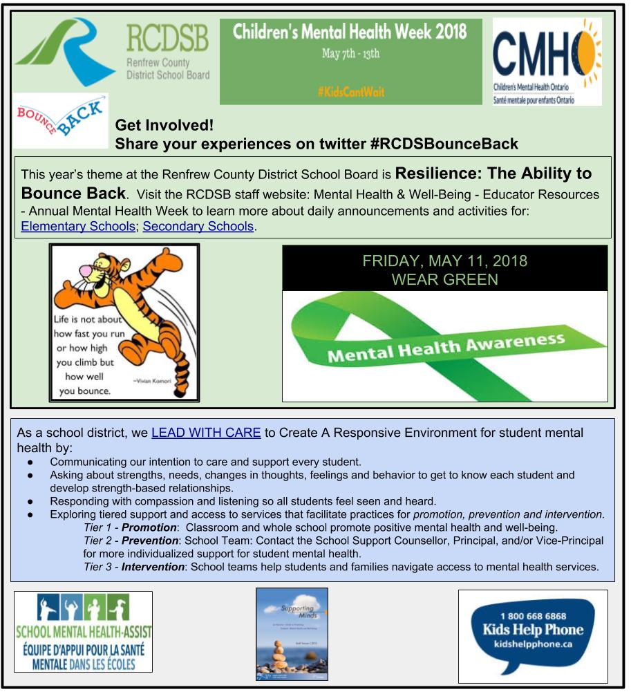 Today is the start of Mental Health Week and Education Week!  What a great opportunity to promote the link between well-being and achievement.  This year's theme @RCDSB is Resilience: The Ability to Bounce Back.  Share your experiences using #RCDSBounceBack