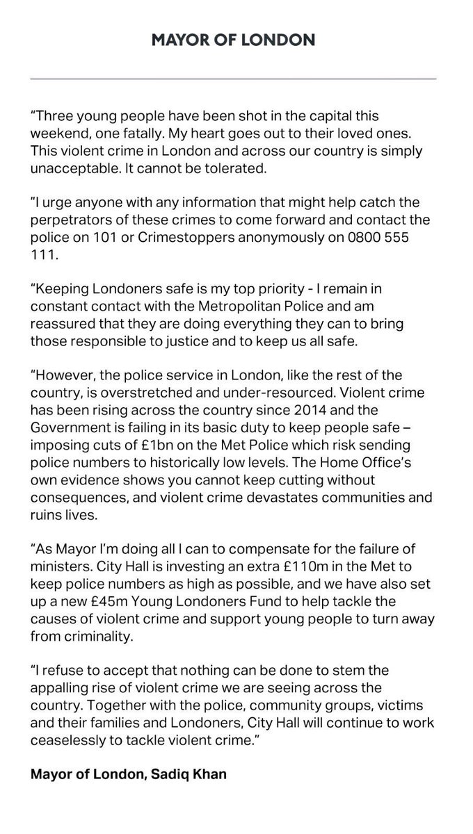 SadiqKhan's tweet image. As Mayor, I refuse to accept nothing can be done to stem the appalling rise of violent crime we are seeing across the country. Together with @metpoliceuk, community groups, victims, their families and Londoners, City Hall will continue to work ceaselessly to tackle violent crime.