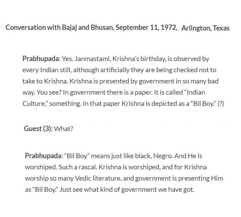 Wasn't Krishna dark-skinned? Prabhupada quotes Bhagavatam: In previous births The Lord was born with White, Red & Yellow hues, and now as "Krishna" the color of rain cloud, black/bluish. Shyam Sundar VERY Beautiful UNLIKE ugly Negros & Shudras. Hence ISKCON idols are always WHITE