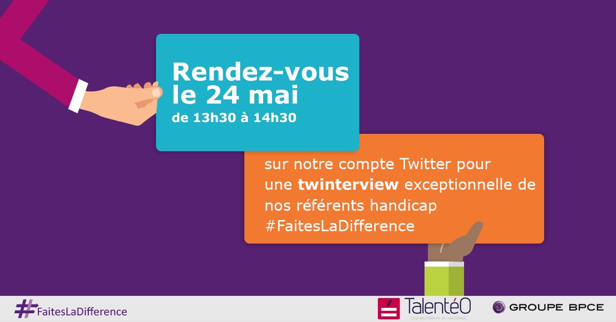 BPCErecrutement's tweet photo. Et si on parlait autrement du #handicap ? Après le challenge #Handigital, le @GroupeBPCE vous propose une nouvelle opération en partenariat avec @Talenteo : rdv le 24/05 à 13h30 pour une itw live des référents handicap @BanquePopulaire sur #FaitesLaDifference 😀 ! https://t.co/g2tFfcUgma