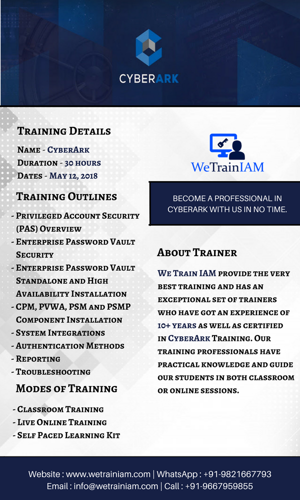 WeTrainIAM's tweet photo. Attend #WeTrainIAM CyberArk training from 12 May 2018 onwards.
Register at https://t.co/0fuXgOHi5A 
#CyberArk #PrivilegedAccountSecurity #PAS #IdentityManagement #AccessManagement #IAM #InfoSec #InformationSecurity #WeTrainIAM #IDM #informationtechnology #IT #Training #Job https://t.co/p75ryB1cvv