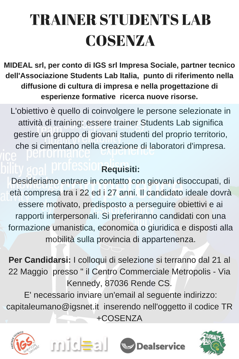 igsnet's tweet photo. I colloqui di selezione si terranno dal 21 al 22 Maggio  presso il "Centro Commerciale Metropolis" - Via Kennedy, 87036 Rende CS.
Per candidarsi: inviare un'email al seguente indirizzo: capitaleumano@igsnet.it  inserendo nell'oggetto il codice TR +COSENZA https://t.co/m9p9SAY56c
