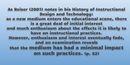 alicekeeler's tweet image. New tools generate excitement for the POSSIBILITY of impacting instructional practices, yet that wanes and the tool ends up having a minimal impact. We need to get the focus off the tool and onto what makes for great learning. Continued conversations.