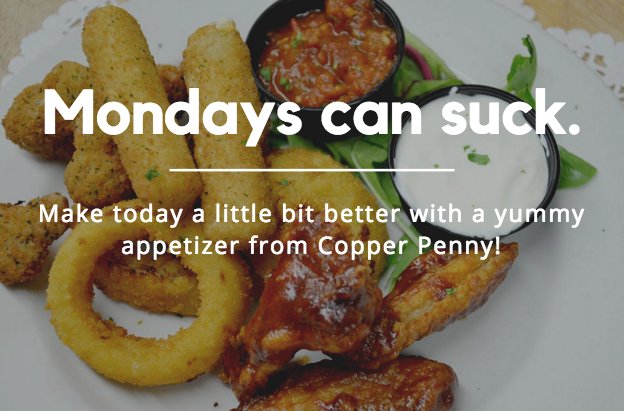 The_CopperPenny's tweet photo. ...But some good food can make them better. Our student discount is ON, it's BOGO 50% off burgers and the patio is open. Monday Blues? I don't know her. 🌞 https://t.co/VuXrXmWviR