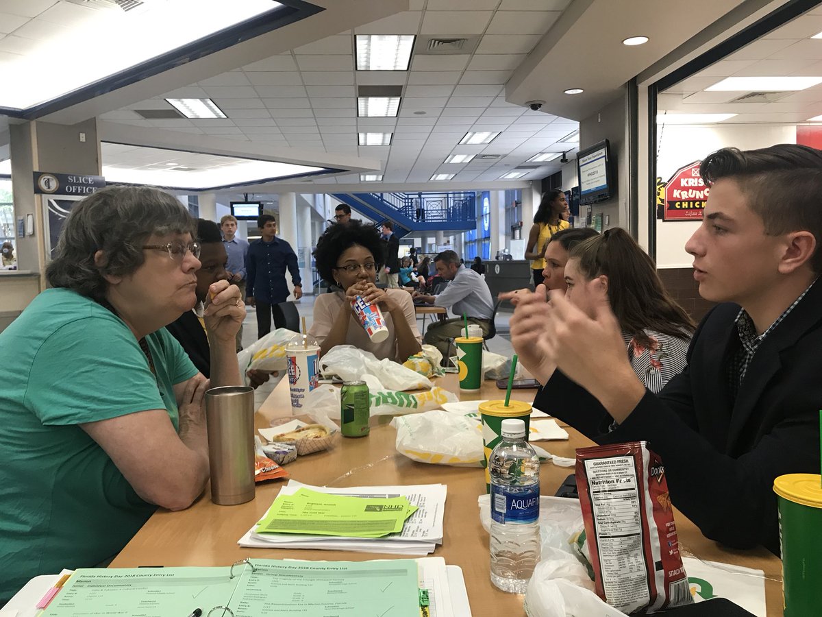 MCPS_Secondary's tweet photo. Lunch! Wrapping up student interviews at Florida History Day #FHD2018. MCPS students were amazing! So much positive feedback from the judges! @MarionCountyK12 @drheidi2007 @Grantham_Greats @wkmcateer4 @HorizonAcadFL @OsceolaTweets @DunnellonHigh @WestPortHigh @Kendra_Hamby https://t.co/mVc4ZPQWSk