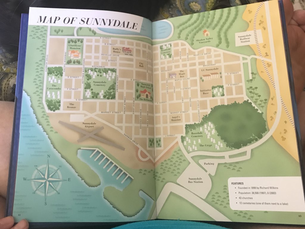 K8Pardon's tweet photo. The map is good, but only shows 5 of 12 cemeteries, no location for Faith’s hotel or apartment, and no spot for Dracula’s castle. But the Bronze is sandwiched between two big graveyards, so no wonder they have weekly massacres. #BuffyNerd https://t.co/y7LlbSpxVJ