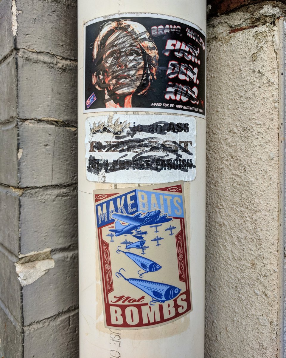 Patrick_Irelan's tweet photo. Lots of critics of anti-#Trump #protest #stickers, but the #antiwar, pro-#fishing sticker remains #unmolested. #defaced #resist #theresistance #resistance https://t.co/DQ91wlwJRE https://t.co/Tyod03PByF