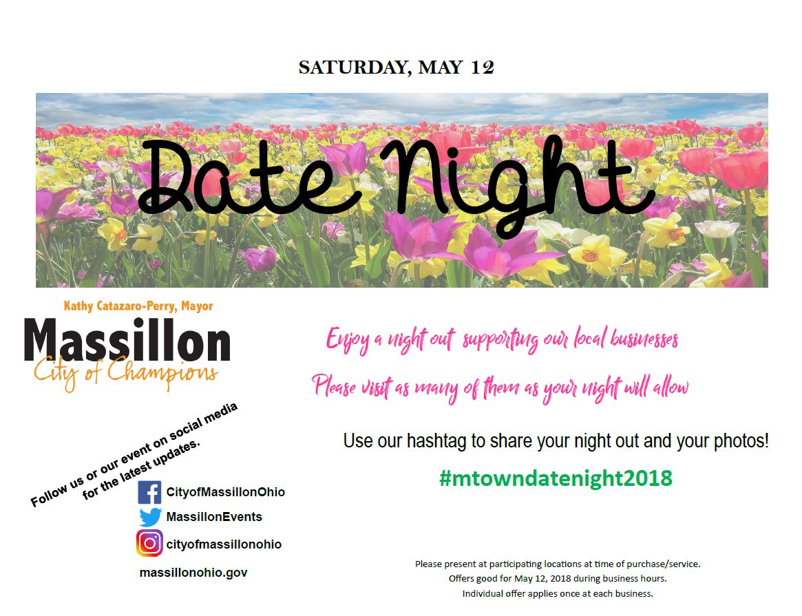 MassillonEvents's tweet photo. Date night is this Saturday! Get your cards at the local participants or print at home. #mtowndatenight2018 #massillonnightout #localnight #massillonohio
https://t.co/KZIJhhQrPc https://t.co/RwHtMA5758