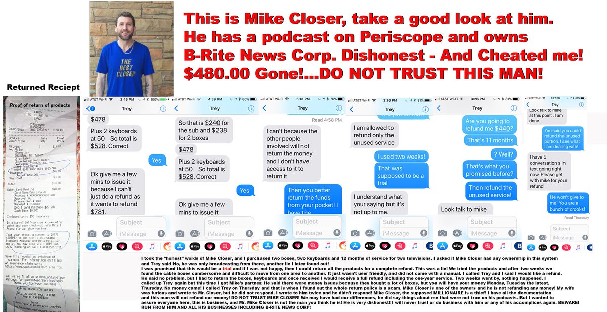 blueslade10's tweet photo. #CloserNation #MAGA @JoyVilla  learned that Kasi, Mike Closers web designer has been blocked by him. He owes her nearly $1000 and will not pay her! How can you follow such a DISGRACE! He owes me $480.00! WHY ARE YOU FOLLOWING AND SUPPORTING THIS MAN! https://t.co/8eHQtFpbk0