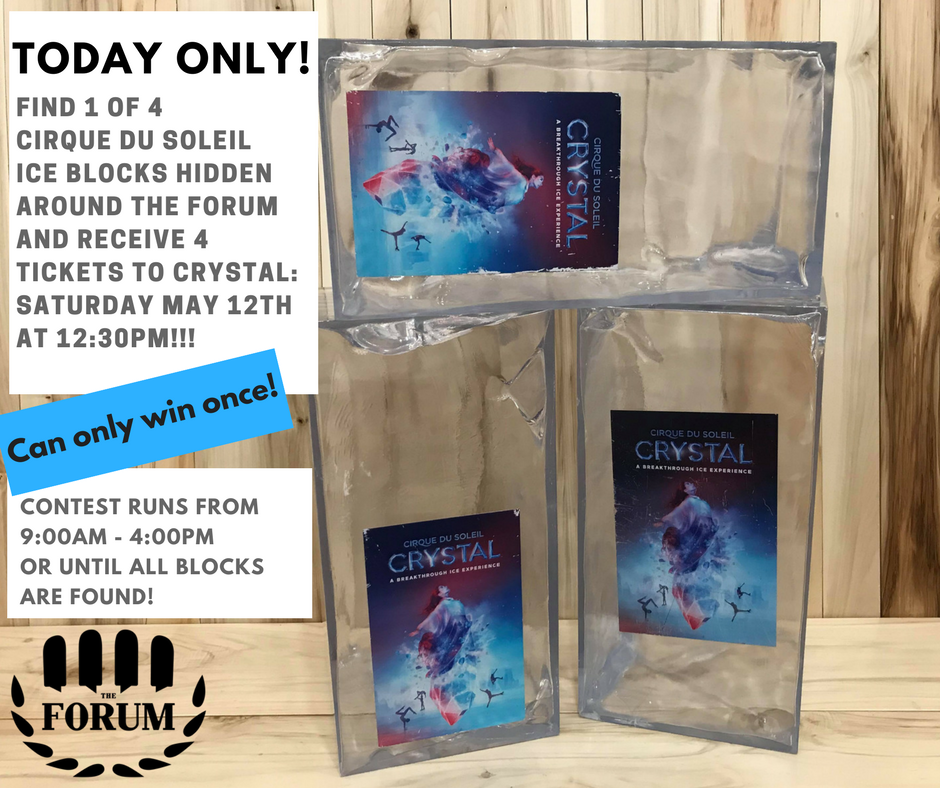 forumreddeer's tweet photo. Who wants to win FOUR tickets to @Cirque du Soleil -Crystal at @WesternerPark !!
TODAY ONLY!!
Find 1 of 4 Ice Blocks hidden around @forumreddeer &amp; receive 4 tickets to Saturday, May 12th 12:30pm show!
Contest runs: 9:00am - 4:00pm -or until all the Ice Blocks are found!
#reddeer https://t.co/Wqx5Woolpj