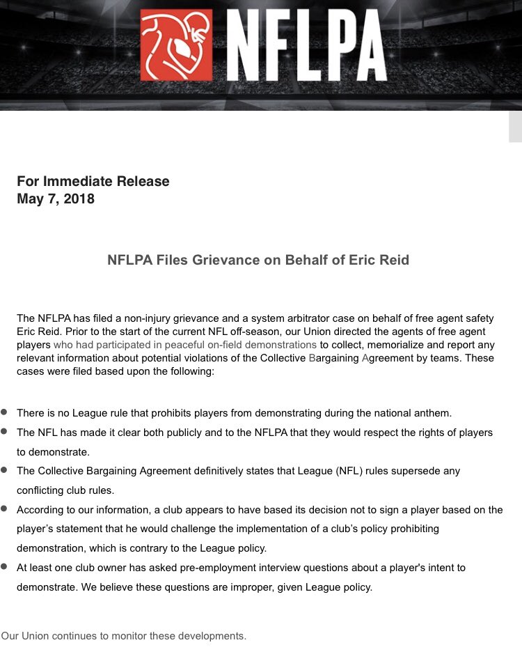 RapSheet's tweet photo. The @NFLPA filed a grievance on behalf of FA S Eric Reid. It has “directed the agents of free agent players who had participated in peaceful on-field demonstrations to collect, memorialize and report any relevant information about potential violations of the CBA by teams.” https://t.co/7V42QKRrLI