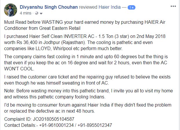 abcsteps_com's tweet photo. @IndiaHaier NEVER BUY HAIER AC INDIA @IndiaHaier Complaint ID: JO20180505104587 | Haier Inverter AC Unable to cool room running 2 hours at 16 degree in Rajasthan. @IndiaHaier Fooling Indians. Regret not buying @LGIndia  @DaikinIndia  @Hitachi_Home https://t.co/nqW0Wvaqv2