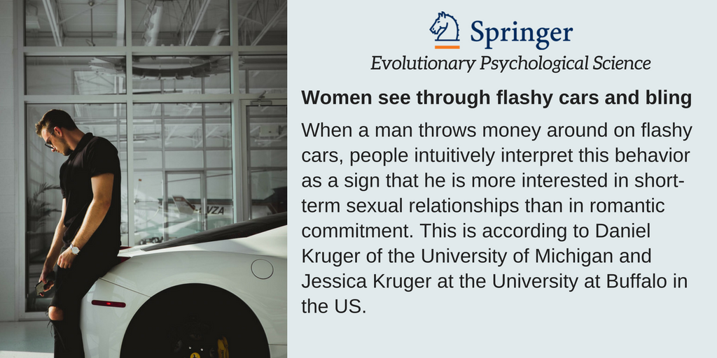 SpringerNature's tweet photo. A new study from @UMich and @UBuffalo shows that women perceive men who extrovertly display their wealth as unsuitable partners for long-term relationships. Learn more in the Springer press release: https://t.co/SUiExXGnpZ https://t.co/dJnePtLCY8