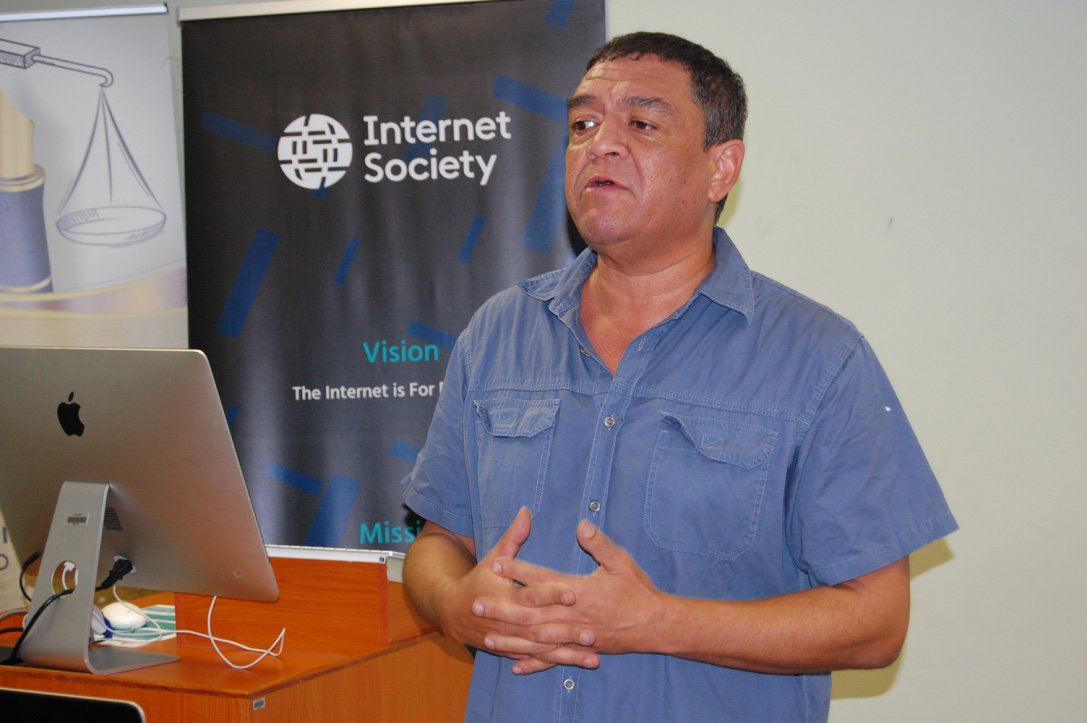 ISOCNamibia's tweet photo. Mr. Milton Louw - Namibian Blogger. He is sharing his knowledge on Social Media and Personal Brand Management. In his speech, he mentioned that one should be influential in social media. #WorldPressFreedomDay #PressFreedom #NamibiaBloggersNetwork #WPFD18 #ShapeTomorrow https://t.co/xDMYEjtQP9