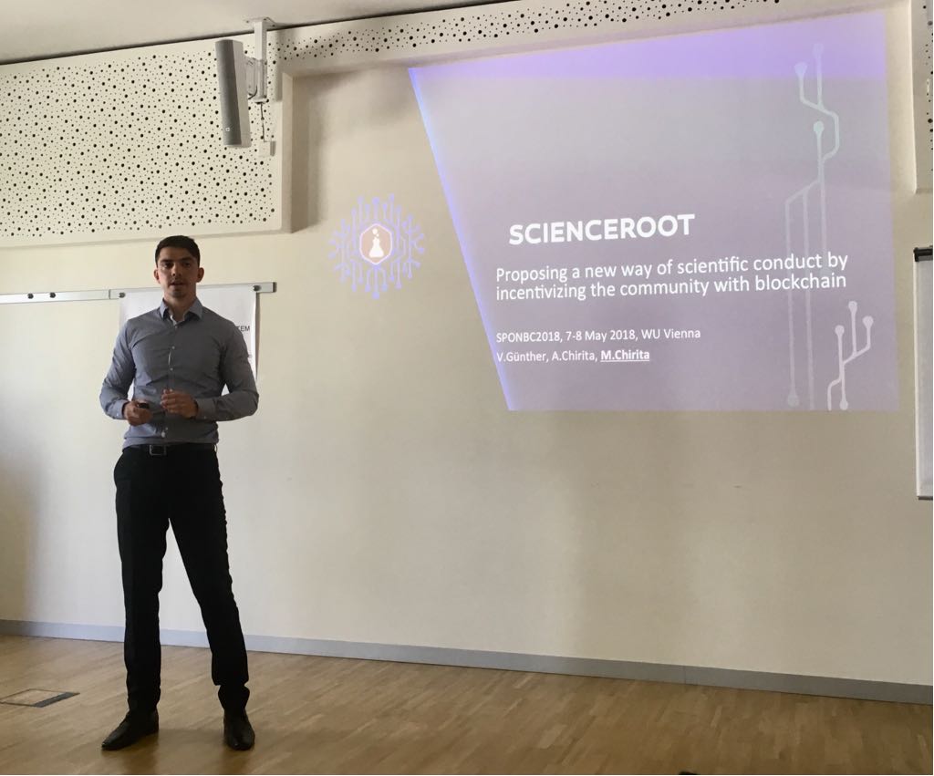 scienceroot's tweet photo. We are at the #SPONBC2018 un-conference, where we presented @scienceroot @science_b0 @soenkeba @crypto3conomics @wu_vienna 
#sciencetoken https://t.co/vEKBCDojZ6