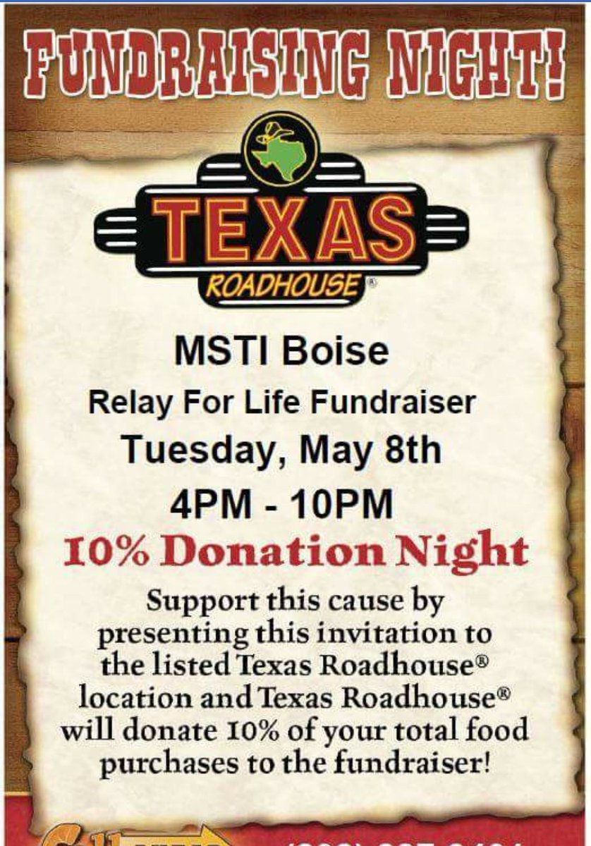 AdaCountyRelay's tweet photo. Reminder! Tomorrow is our fundraiser at Texas Roadhouse. Come eat steak and help raise $$ to fight cancer. #Boiserelay #americancancersociety #Relayforlife #Texasroadhouse #fundraiser #thisisboise #totallyboise #MSTI https://t.co/n7QLzI3vdy