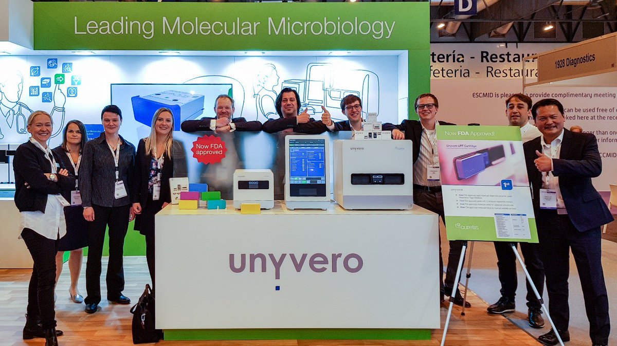 AresGenetics's tweet photo. #ECCMID18 was a great opportunity to also meet up with our Curetis Group colleagues who attracted the visitors attention with the advanced Unyvero Platform and the now FDA approved Lower Respiratory Tract Infection Unyvero Cartridge. #Curetis #ECCMID18 #BioITBattlingBadBugs https://t.co/SrlH66ISGR