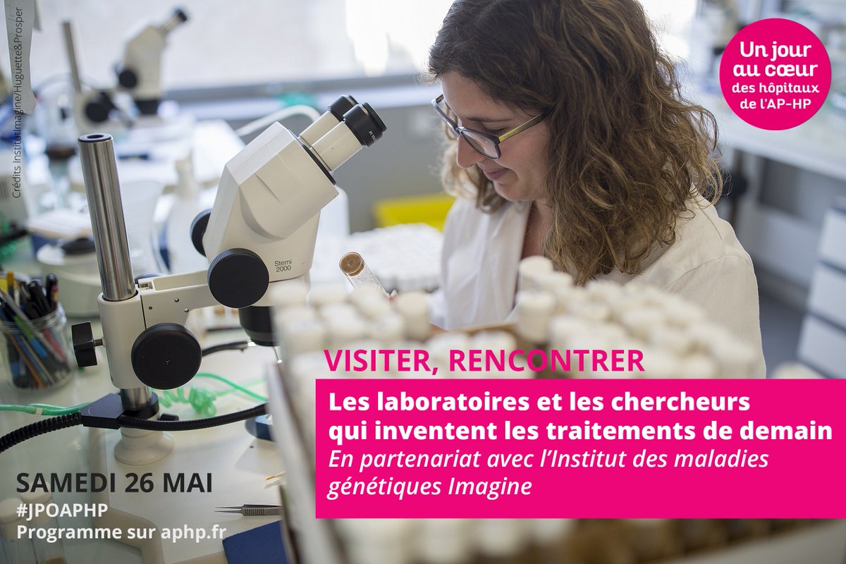 #JPOAPHP 💓 Samedi 26 mai - Portes ouvertes #Necker <a href="/APHP/">Assistance Publique – Hôpitaux de Paris (AP-HP)</a> Venez visiter les laboratoires <a href="/InstitutImagine/">Institut Imagine</a> et rencontrer les chercheurs qui inventent les traitements de demain, échangez avec eux sur les avancées de la génétique 👉 inscription obligatoire : hopital-necker.aphp.fr/26-mai-journee…
