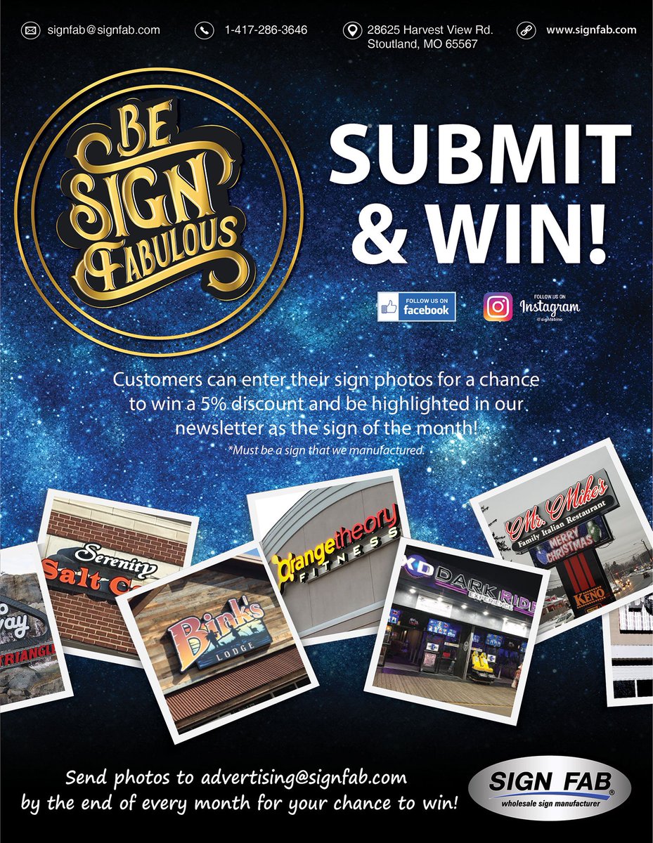 SignFabInc's tweet photo. Don't forget to enter your sign photo's for the #BeSignFabulous Contest! You could win a 5% discount and be highlighted in our #SFNewsletter as the sign of the month. #ChannelLetters #Signs https://t.co/STEJTJdWbU