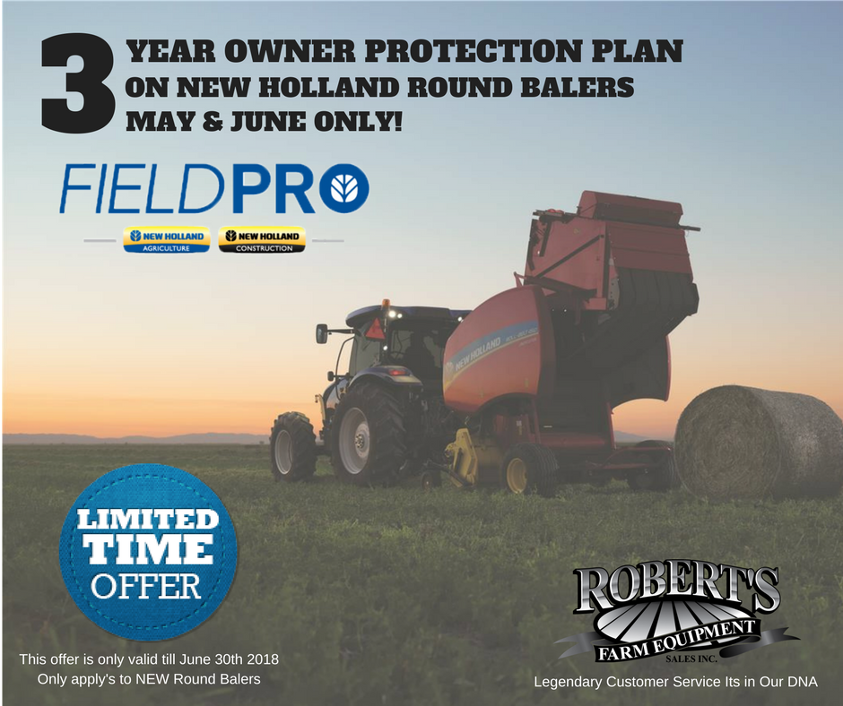RobertsEquip_'s tweet photo. Hay season is just around the corner. Time for a upgrade! Now till June 30th receive  a 3 year owner protection plan on all new @NHAgriculture  round balers.  #HaySeason #Hay18 https://t.co/oEjqEgRVYz