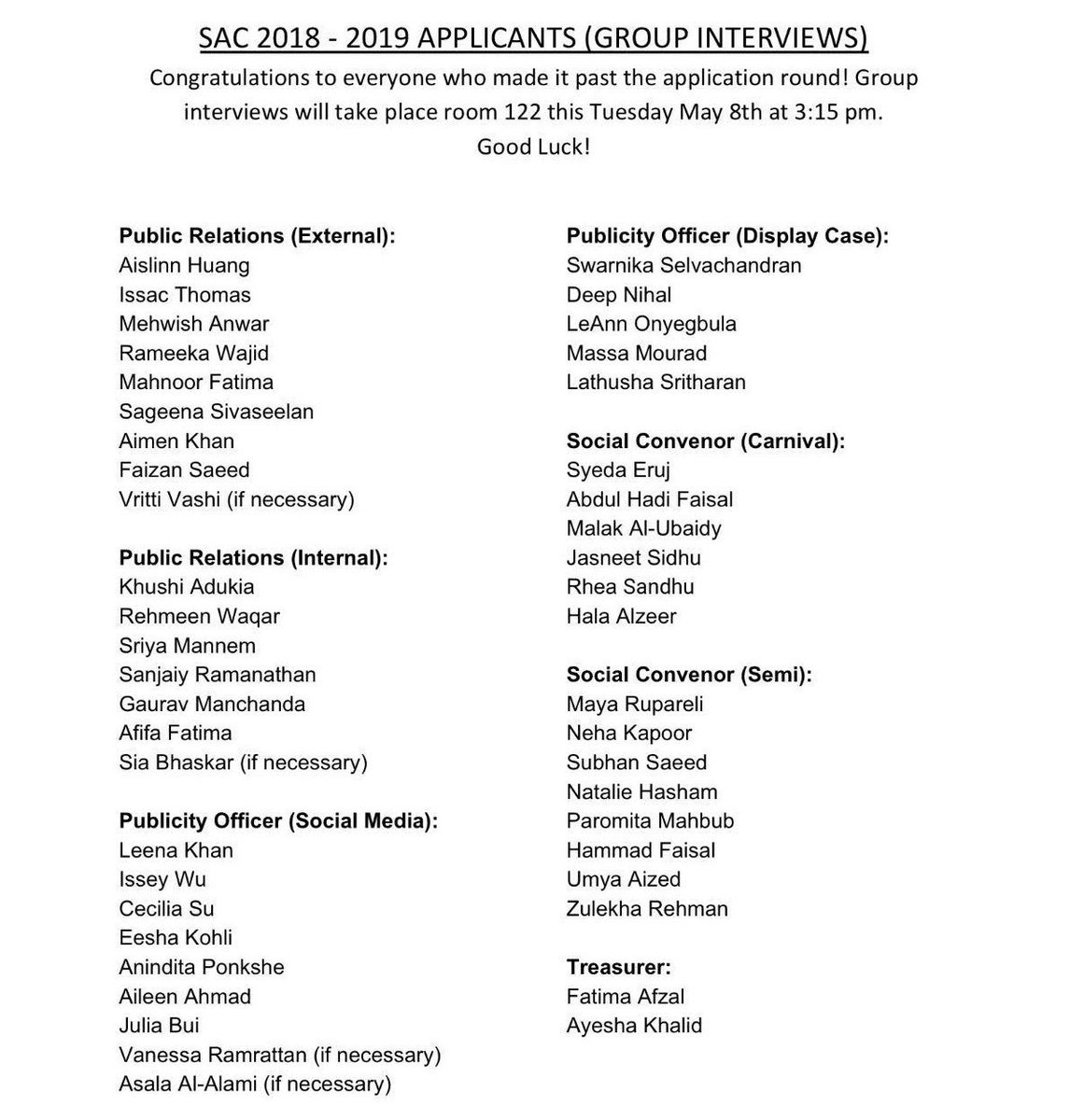 Congrats to everyone who made it past the application stage! Thank you to everyone who applied and we still encourage you to participate in the numerous events we plan all year!